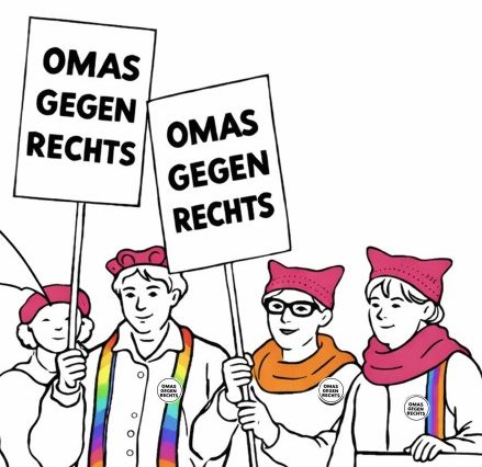 Grafik von vier schwarz-weiß gezeichneten Personen mit rosa Mützen, bunten Schals und Hosenträgern und Schildern mit der Aufschrift „Omas gegen Rechts“