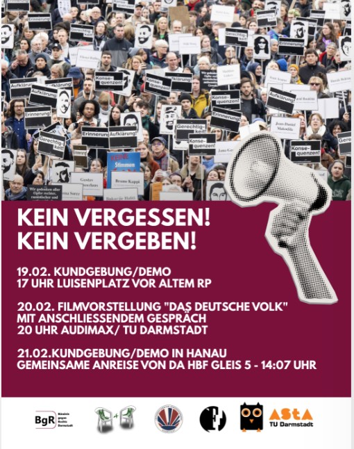 Plakat kein vergessen kein Vergeben. Aufruf zur Demo, zum Film und zur Mahnwache