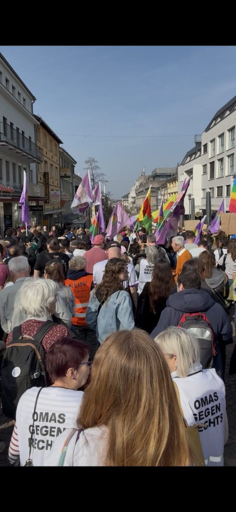 Demonstration, viele Personen mit Fahnen und Schildern