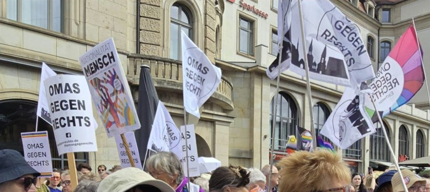 Fahnen der OMAS GEGEN RECHTS auf dem Parteitag der AFD
